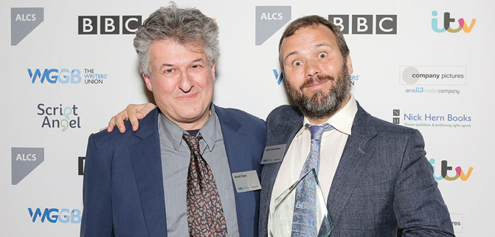 John Finnemore, (right) Outstanding Contribution to Writing recipient at the 2019 WGGB awards